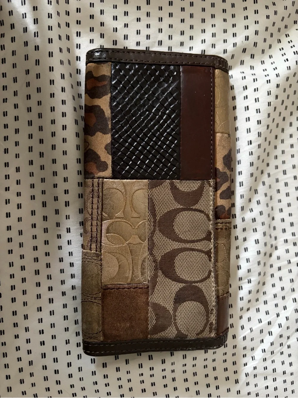 Coach Patchwork Leather & Fabric Trifold Wallet in Brown Tones